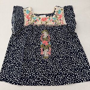 THML Women’s Floral Embroidered Blouse Top Cap Sleeve Navy Blue White Medium